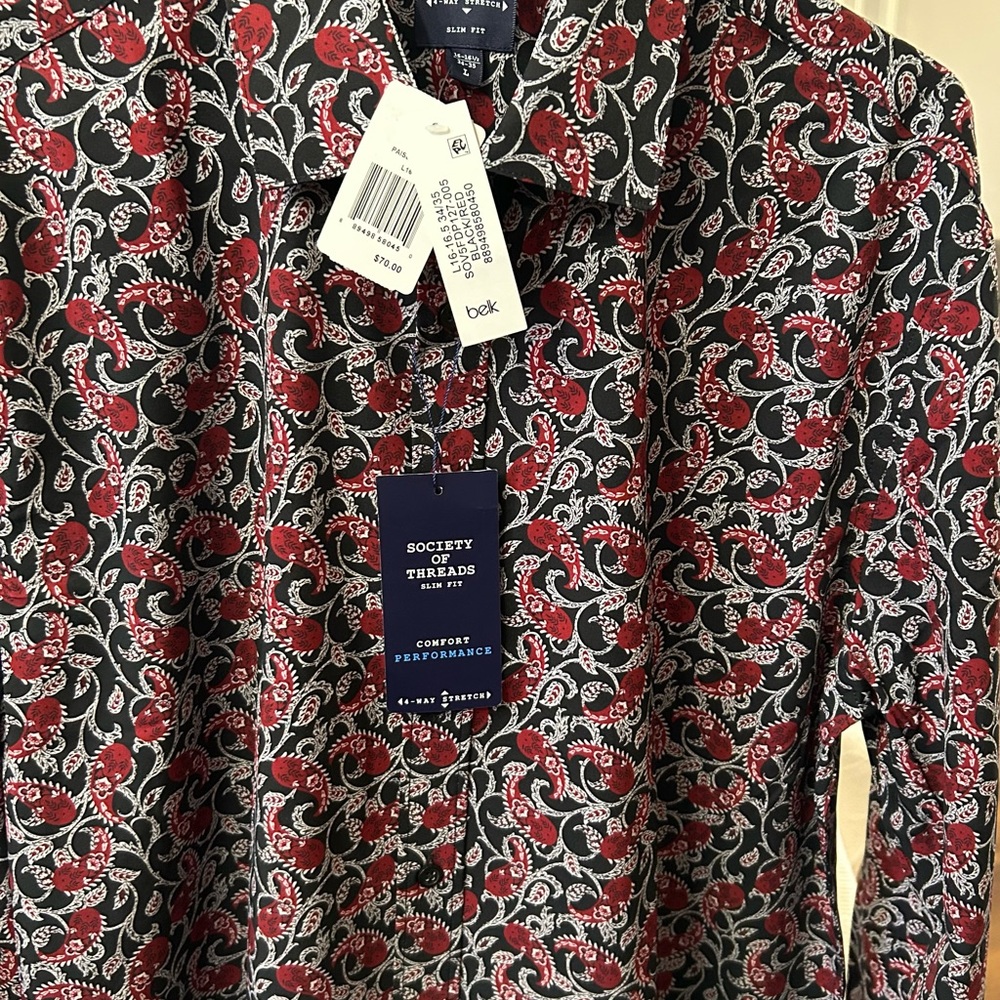 Society Of Threads Black Shirt with Red Paisley Print